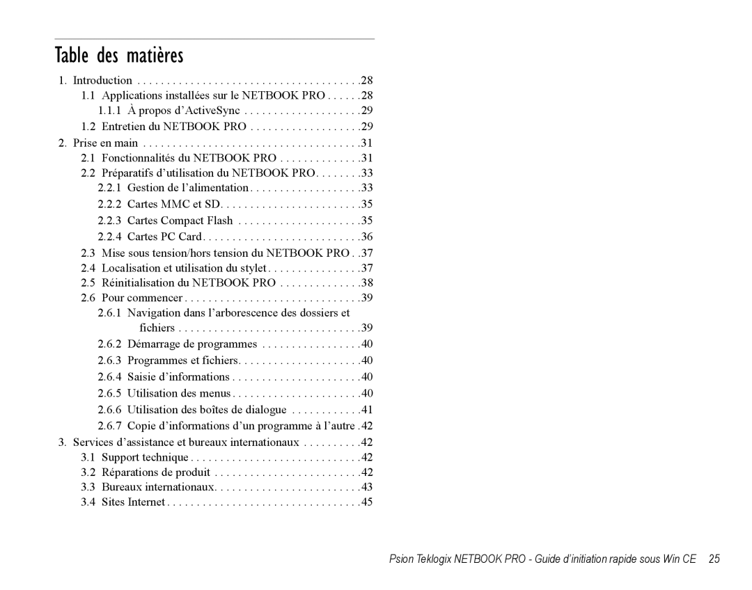 Psion Teklogix Notebook Pro quick start Table des matières 