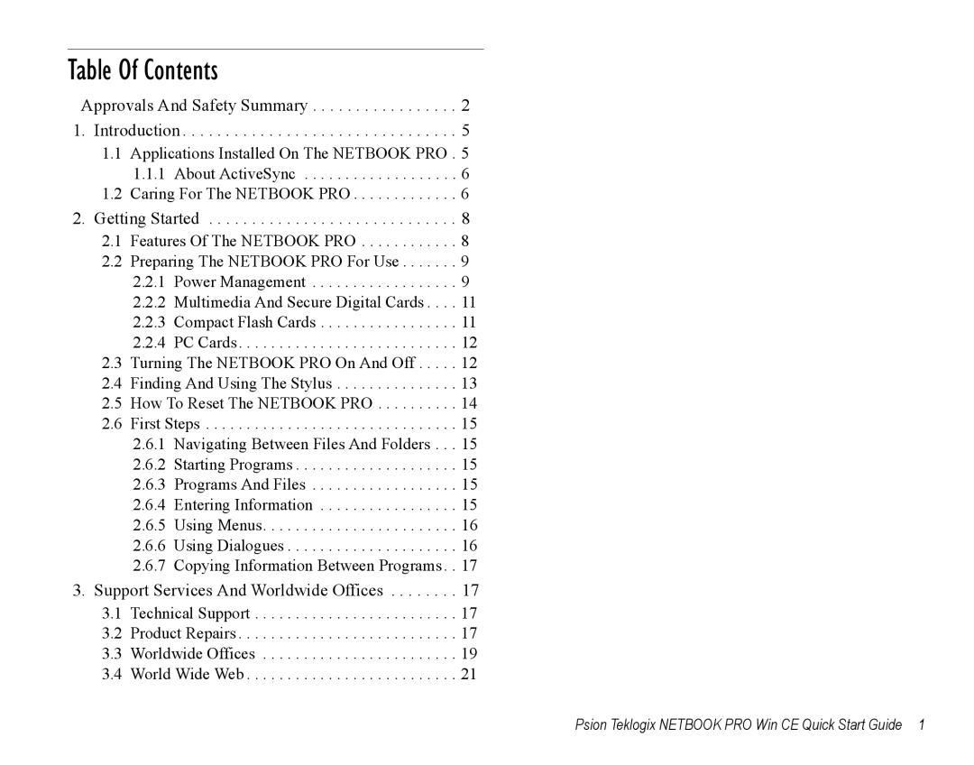 Psion Teklogix Notebook Pro quick start Table Of Contents 