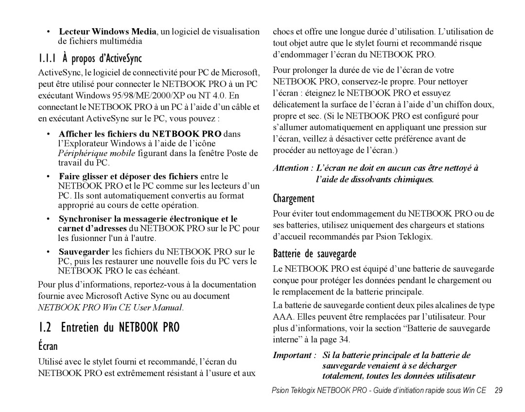 Psion Teklogix Notebook Pro Entretien du Netbook PRO, 1 À propos d’ActiveSync, Écran, Chargement, Batterie de sauvegarde 