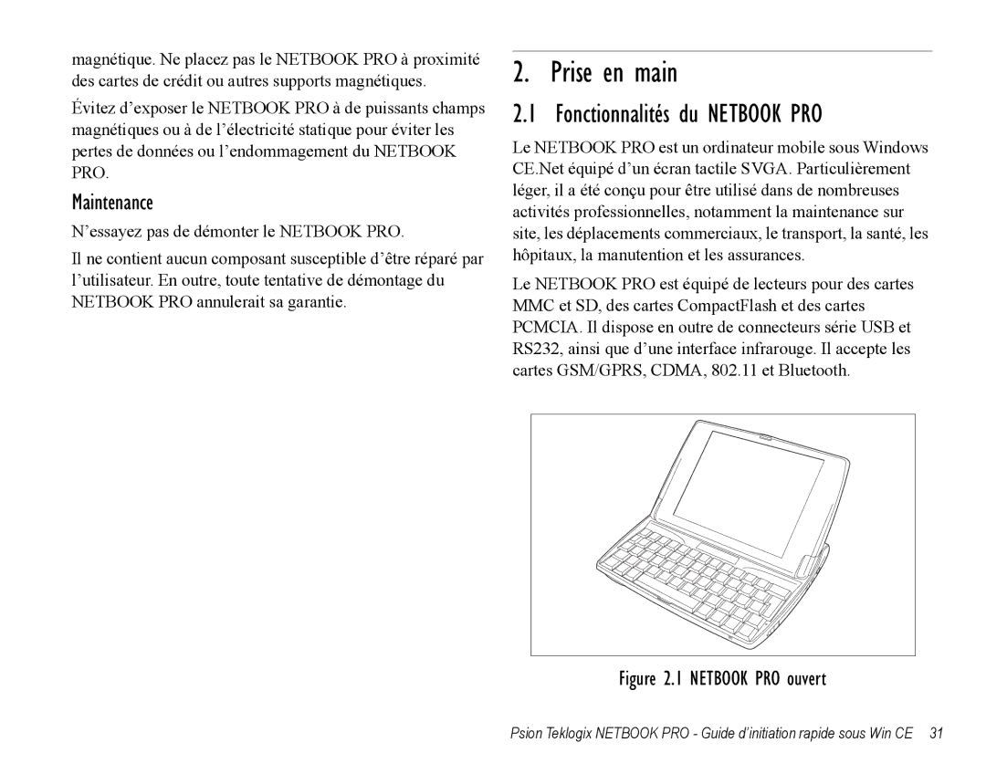 Psion Teklogix Notebook Pro quick start Prise en main, Maintenance 