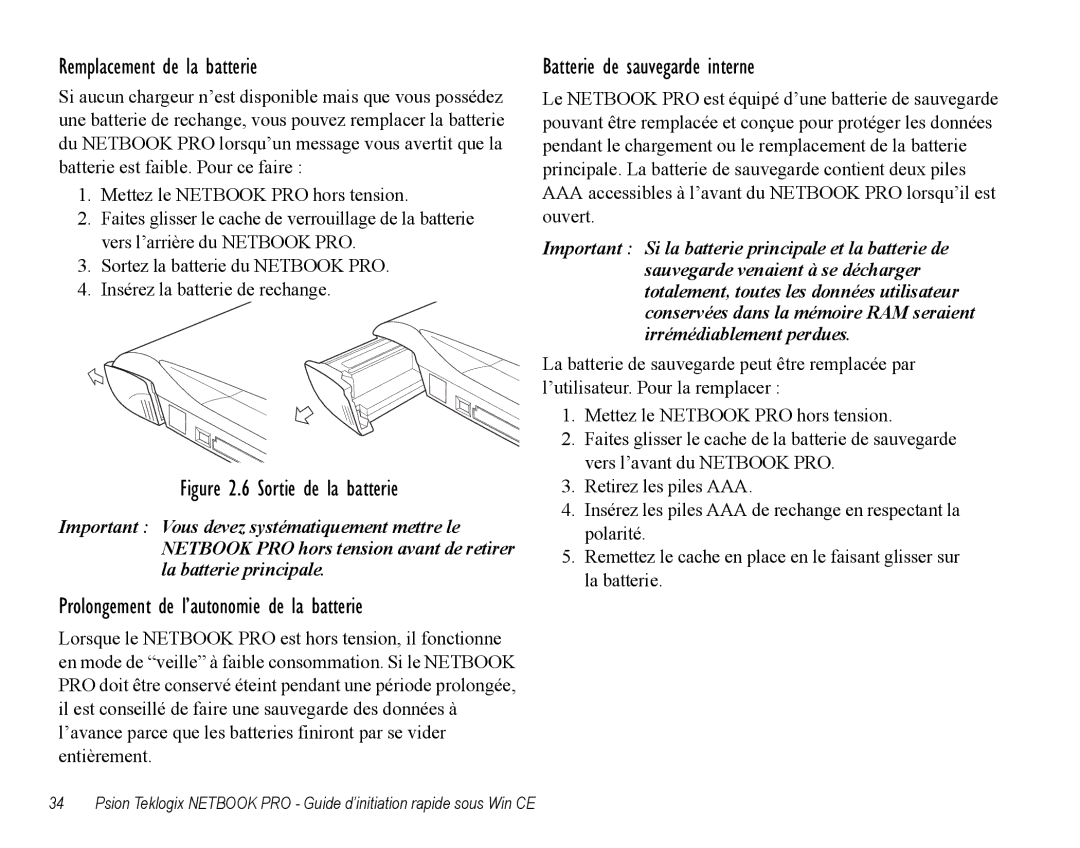 Psion Teklogix Notebook Pro quick start Remplacement de la batterie, Prolongement de l’autonomie de la batterie 