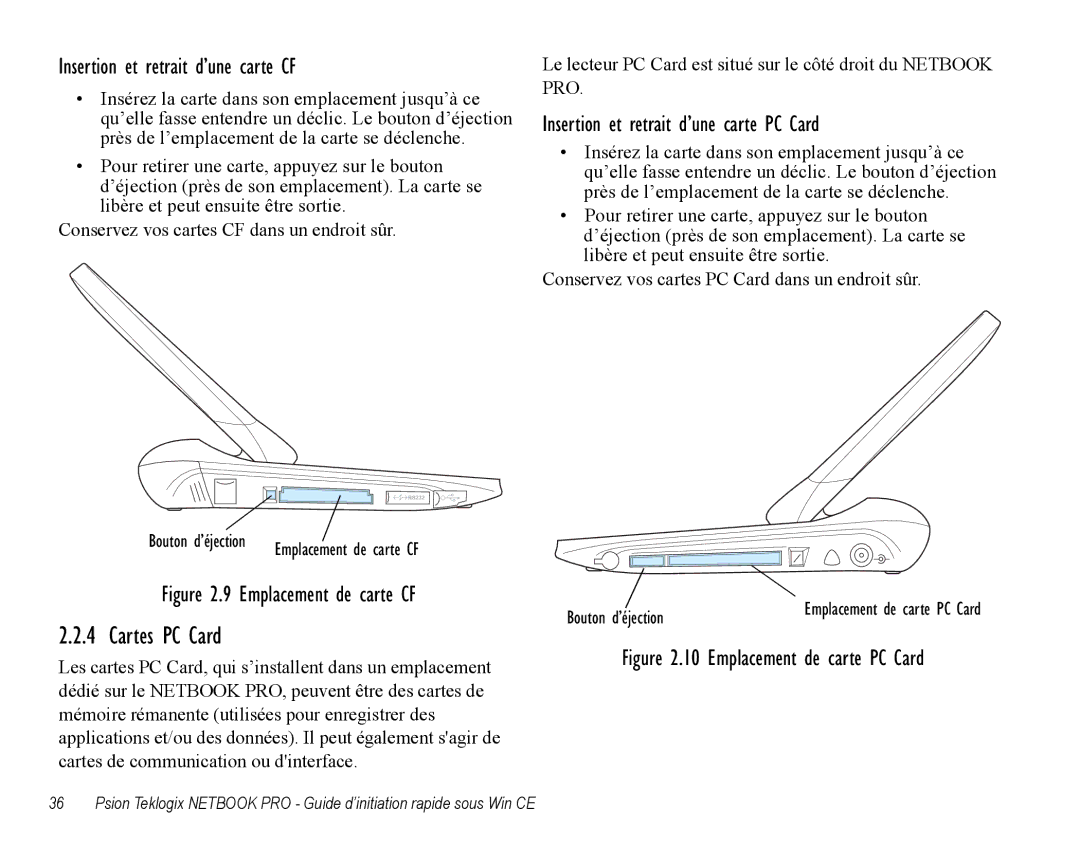 Psion Teklogix Notebook Pro Cartes PC Card, Insertion et retrait d’une carte CF, Insertion et retrait d’une carte PC Card 