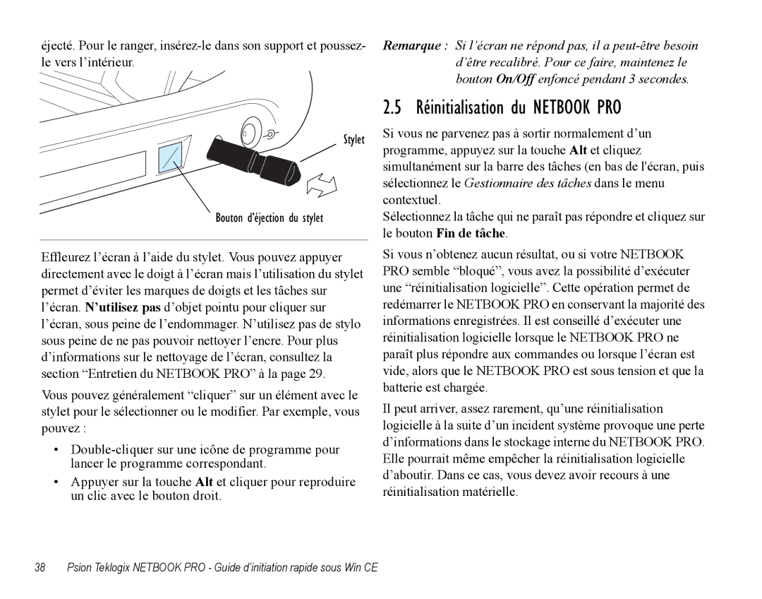 Psion Teklogix Notebook Pro quick start Réinitialisation du Netbook PRO, Stylet 