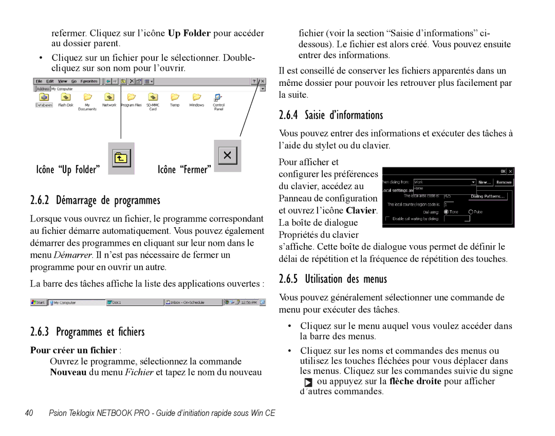 Psion Teklogix Notebook Pro 2 Démarrage de programmes, Programmes et fichiers, Saisie d’informations, Icône Up Folder 