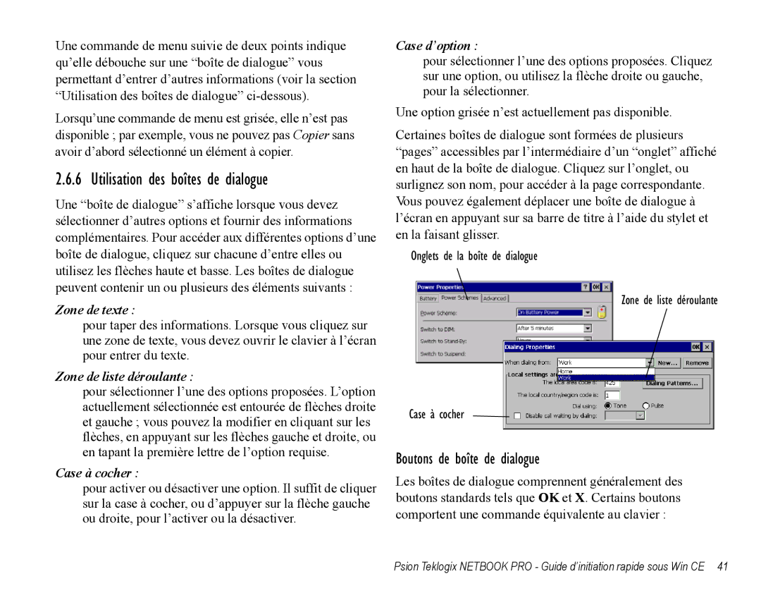 Psion Teklogix Notebook Pro quick start Utilisation des boîtes de dialogue, Boutons de boîte de dialogue 