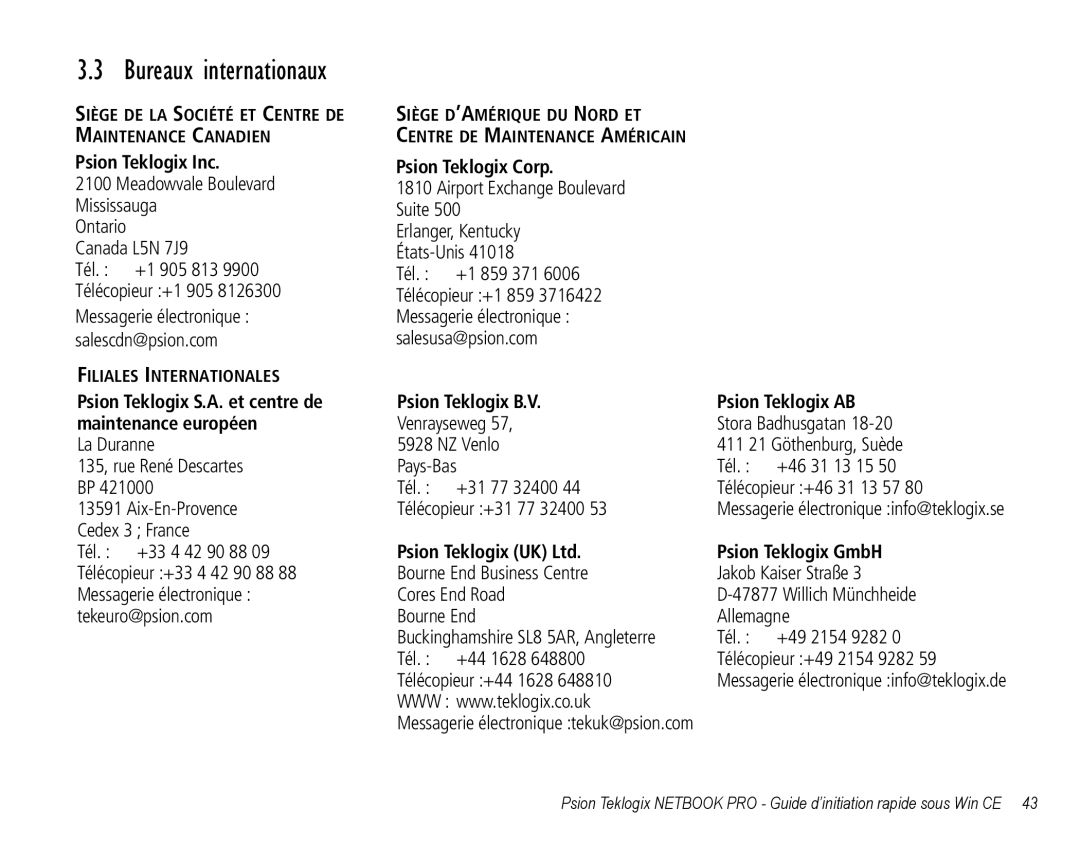 Psion Teklogix Notebook Pro quick start Bureaux internationaux, Psion Teklogix Inc 