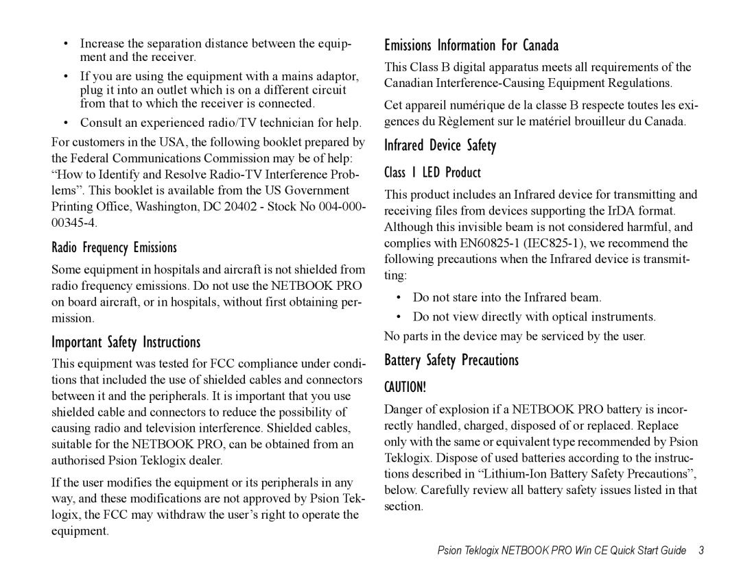 Psion Teklogix Notebook Pro Important Safety Instructions, Emissions Information For Canada, Infrared Device Safety 