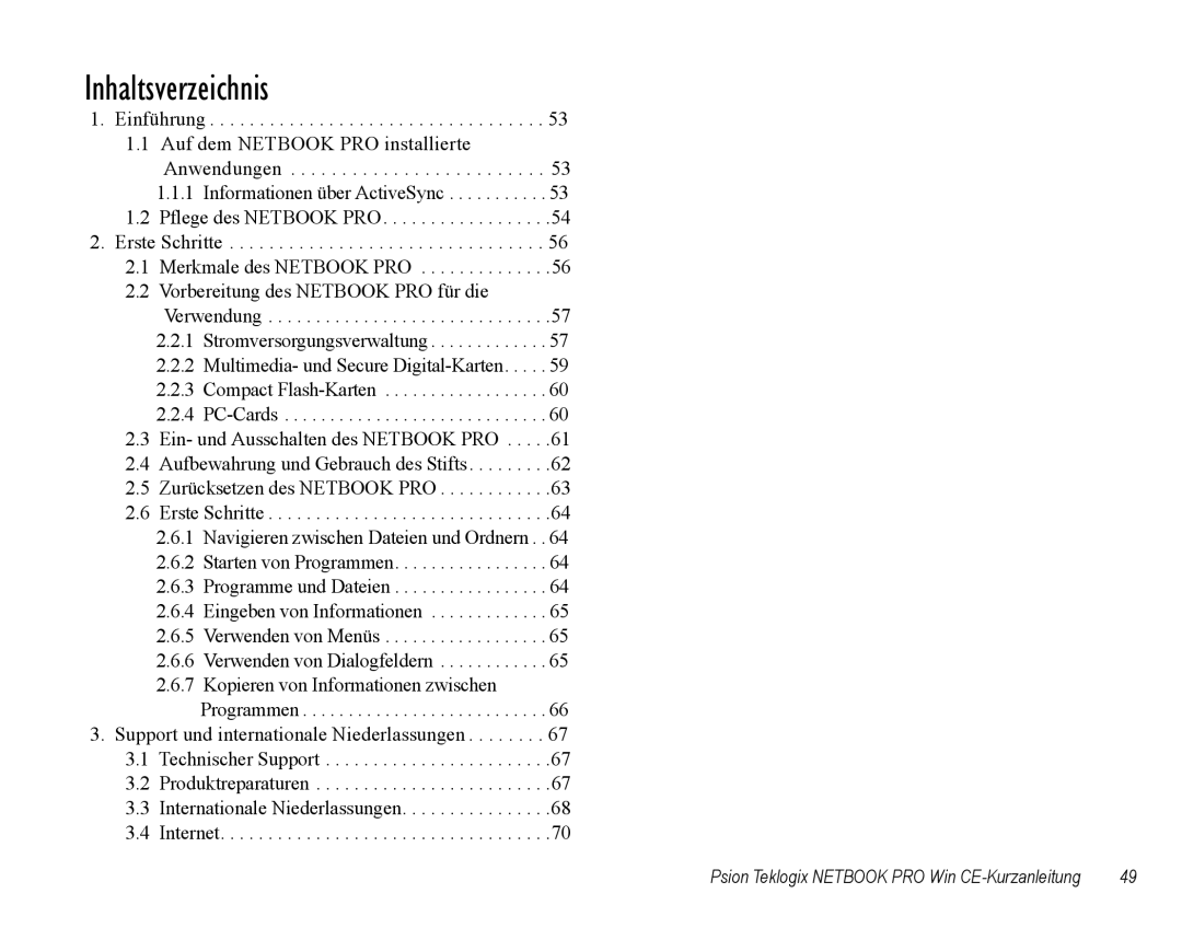Psion Teklogix Notebook Pro quick start Inhaltsverzeichnis 