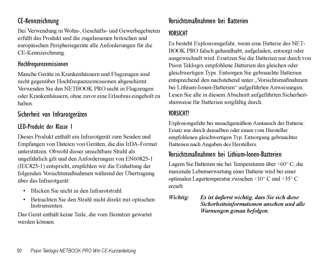 Psion Teklogix Notebook Pro quick start CE-Kennzeichnung, Sicherheit von Infrarotgeräten, Vorsichtsmaßnahmen bei Batterien 