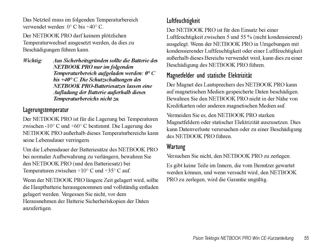 Psion Teklogix Notebook Pro Lagerungstemperatur, Luftfeuchtigkeit, Magnetfelder und statische Elektrizität, Wartung 