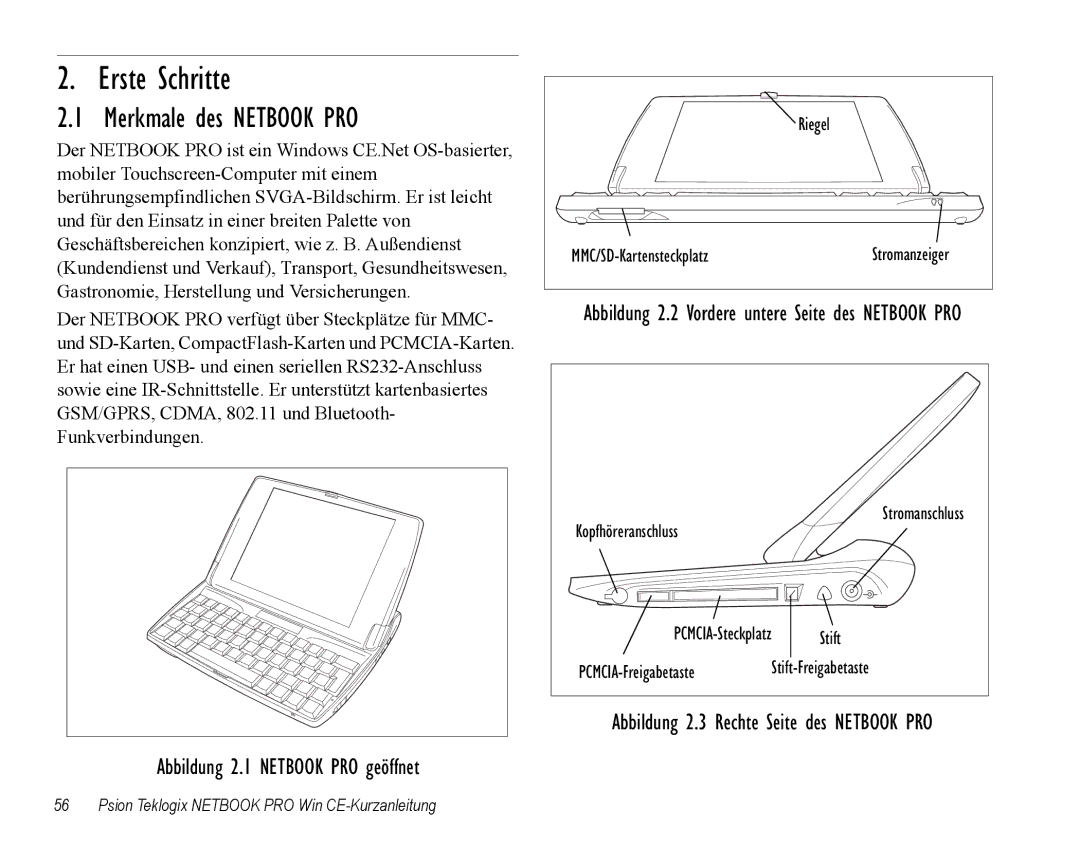 Psion Teklogix Notebook Pro quick start Erste Schritte, Merkmale des Netbook PRO 