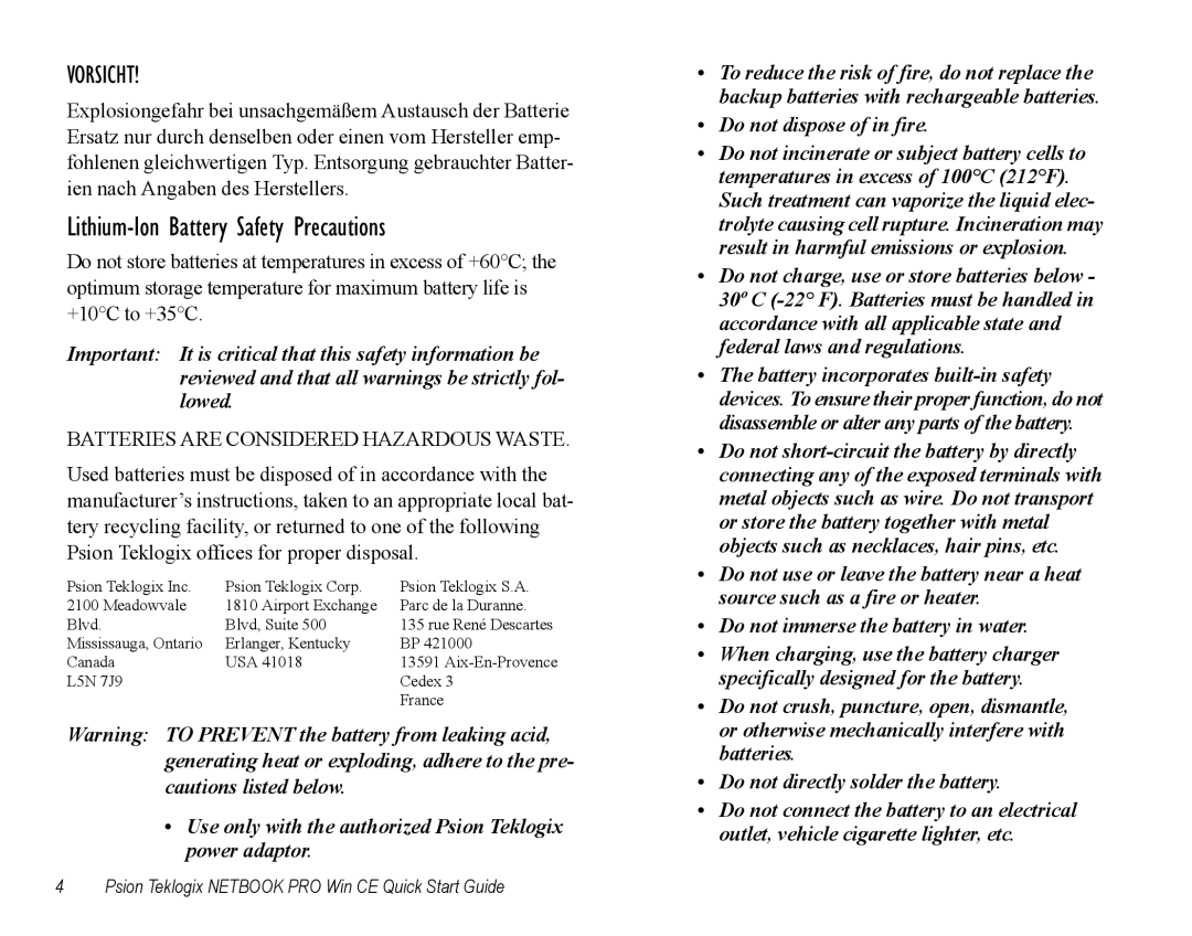 Psion Teklogix Notebook Pro quick start Lithium-Ion Battery Safety Precautions, Vorsicht 
