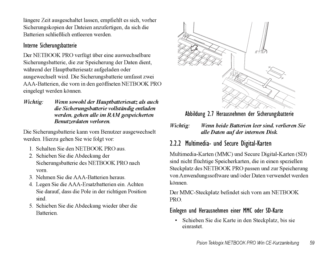 Psion Teklogix Notebook Pro quick start Multimedia- und Secure Digital-Karten, Interne Sicherungsbatterie 