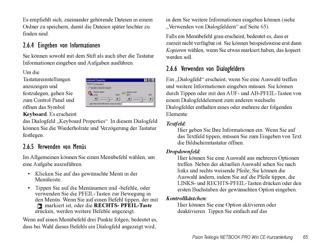 Psion Teklogix Notebook Pro quick start Eingeben von Informationen, Verwenden von Menüs, Verwenden von Dialogfeldern 