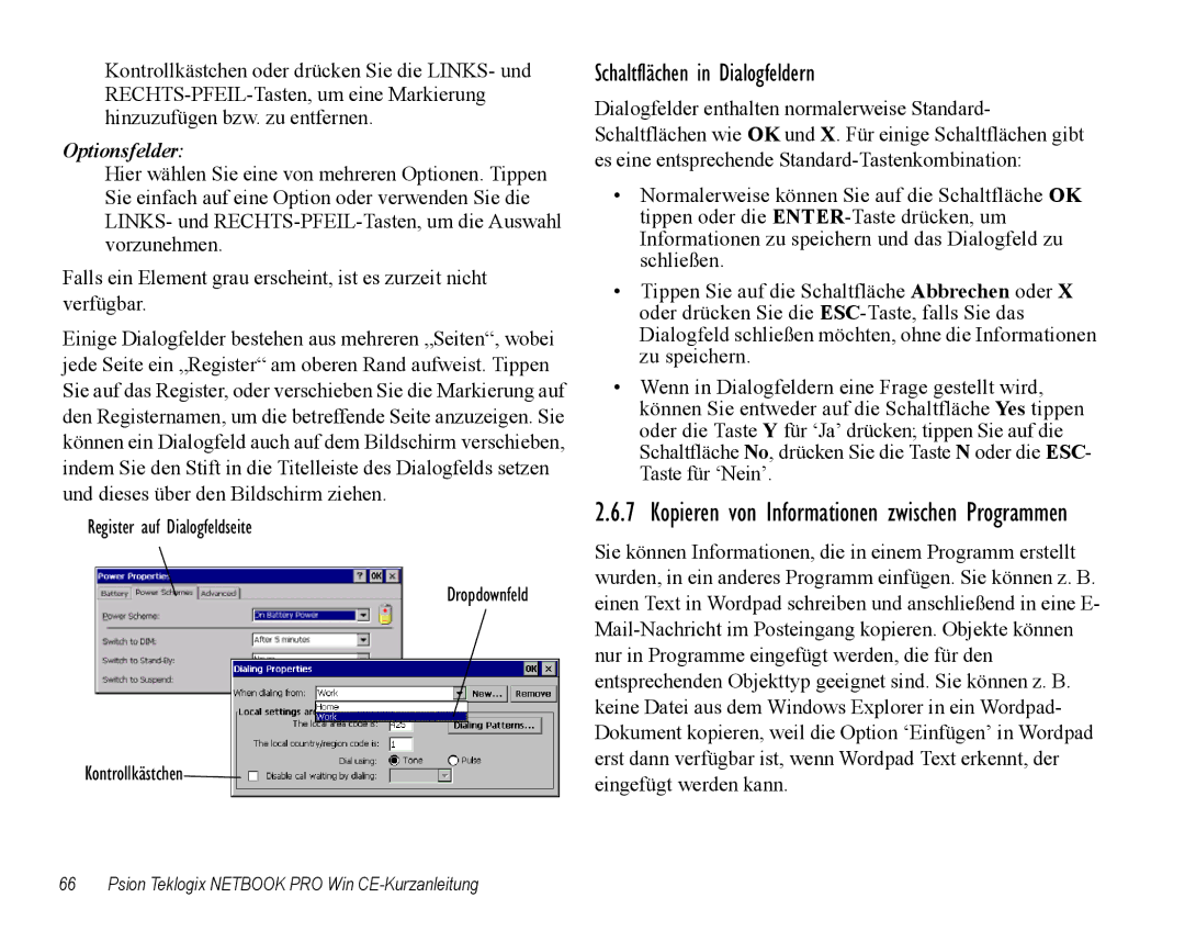 Psion Teklogix Notebook Pro quick start Schaltflächen in Dialogfeldern, Optionsfelder 