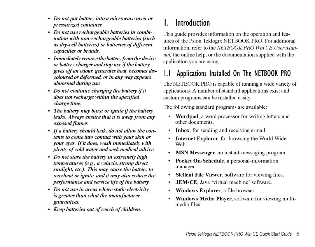 Psion Teklogix Notebook Pro quick start Introduction, Pocket On-Schedule, a personal-information manager 