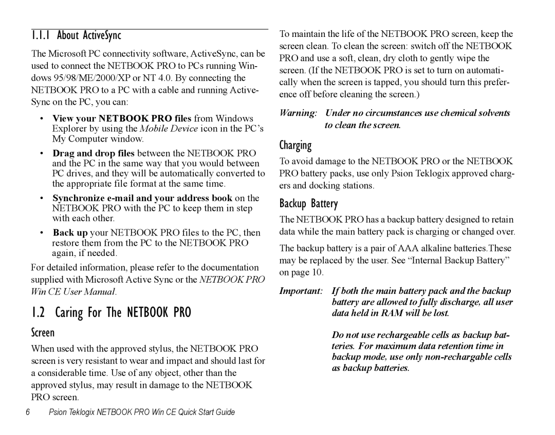 Psion Teklogix Notebook Pro quick start About ActiveSync, Screen, Charging, Backup Battery 