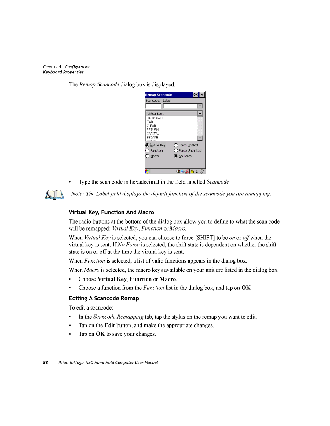 Psion Teklogix PX750 manual Virtual Key, Function And Macro, Editing a Scancode Remap 