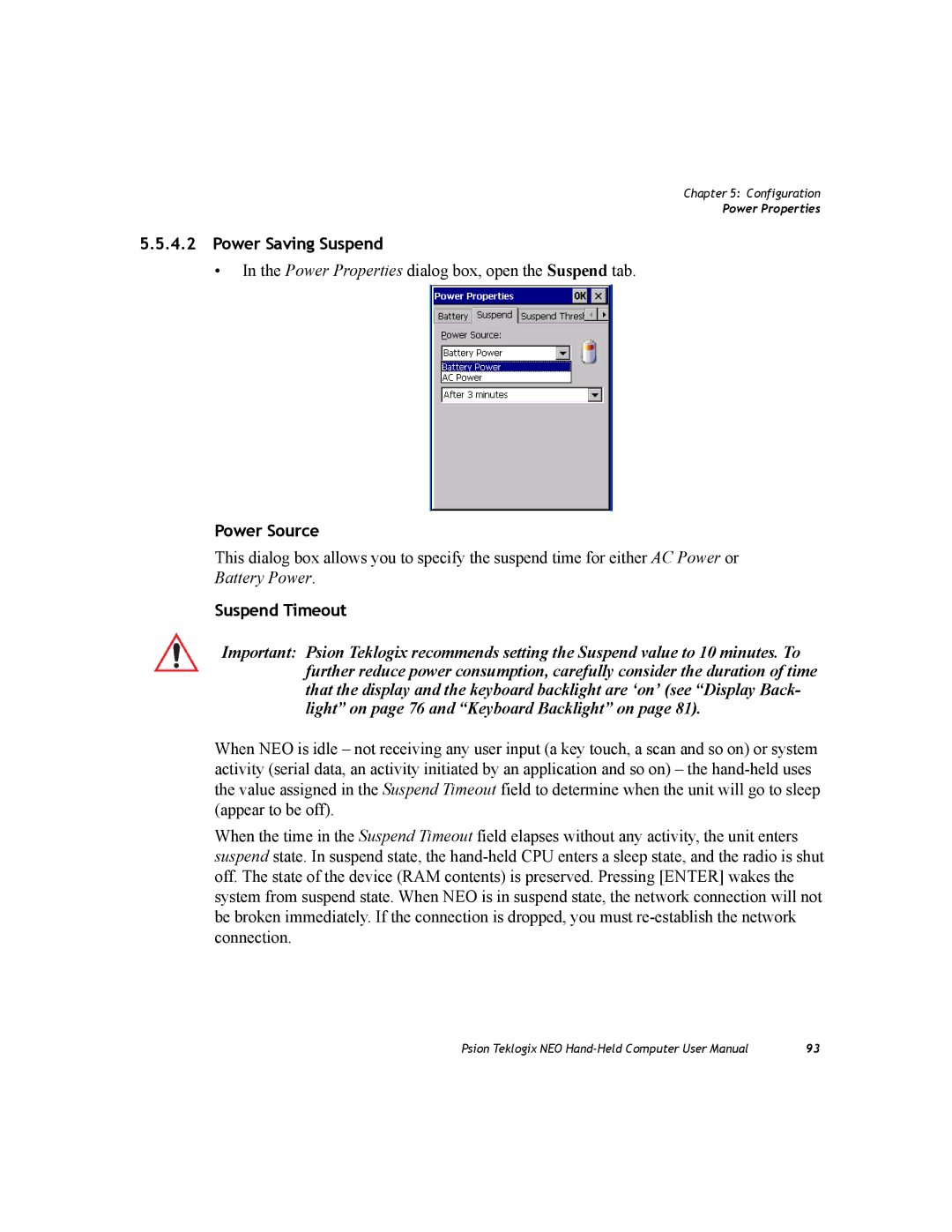 Psion Teklogix PX750 manual Power Saving Suspend, Power Source, Suspend Timeout 