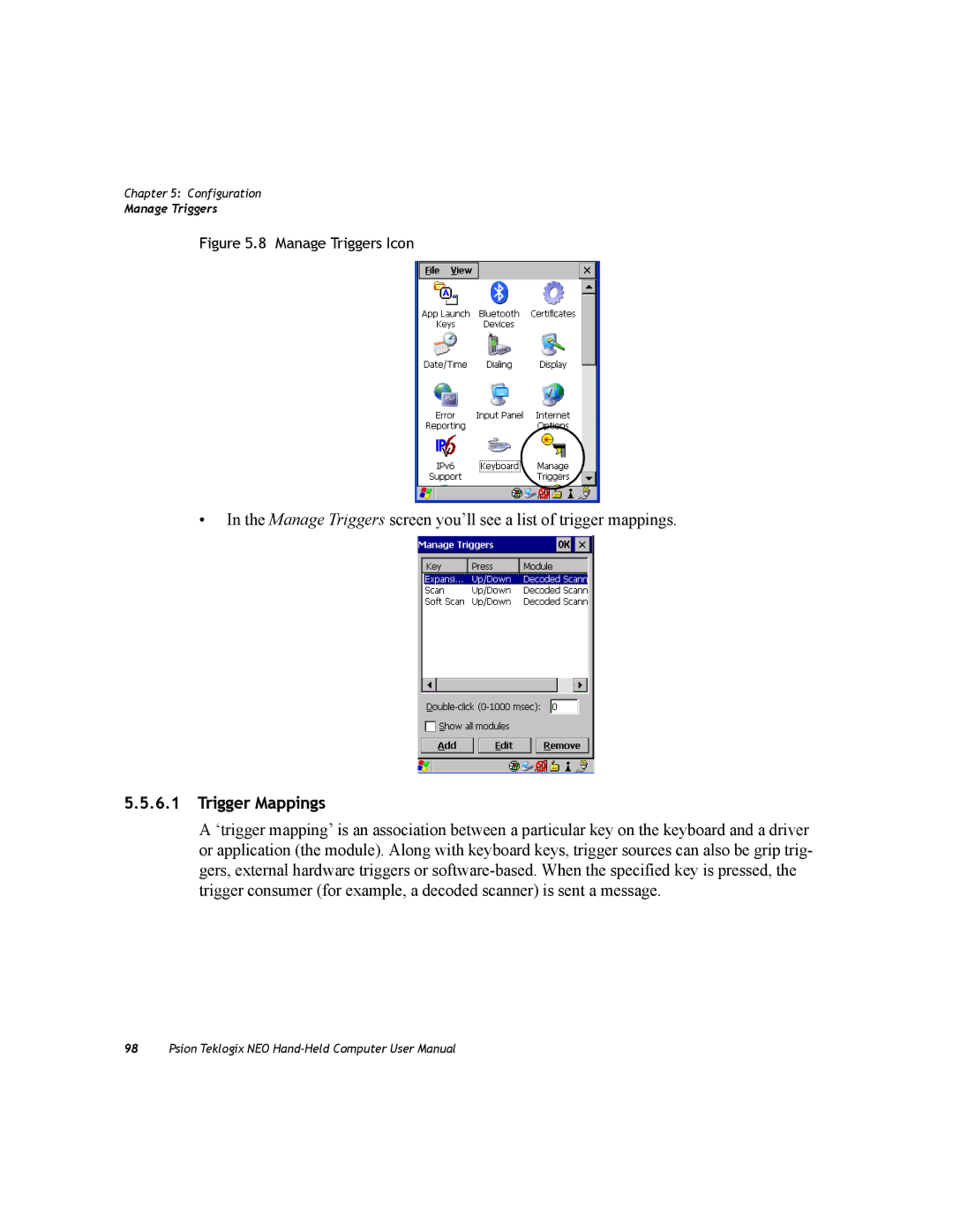Psion Teklogix PX750 manual Trigger Mappings, Manage Triggers Icon 