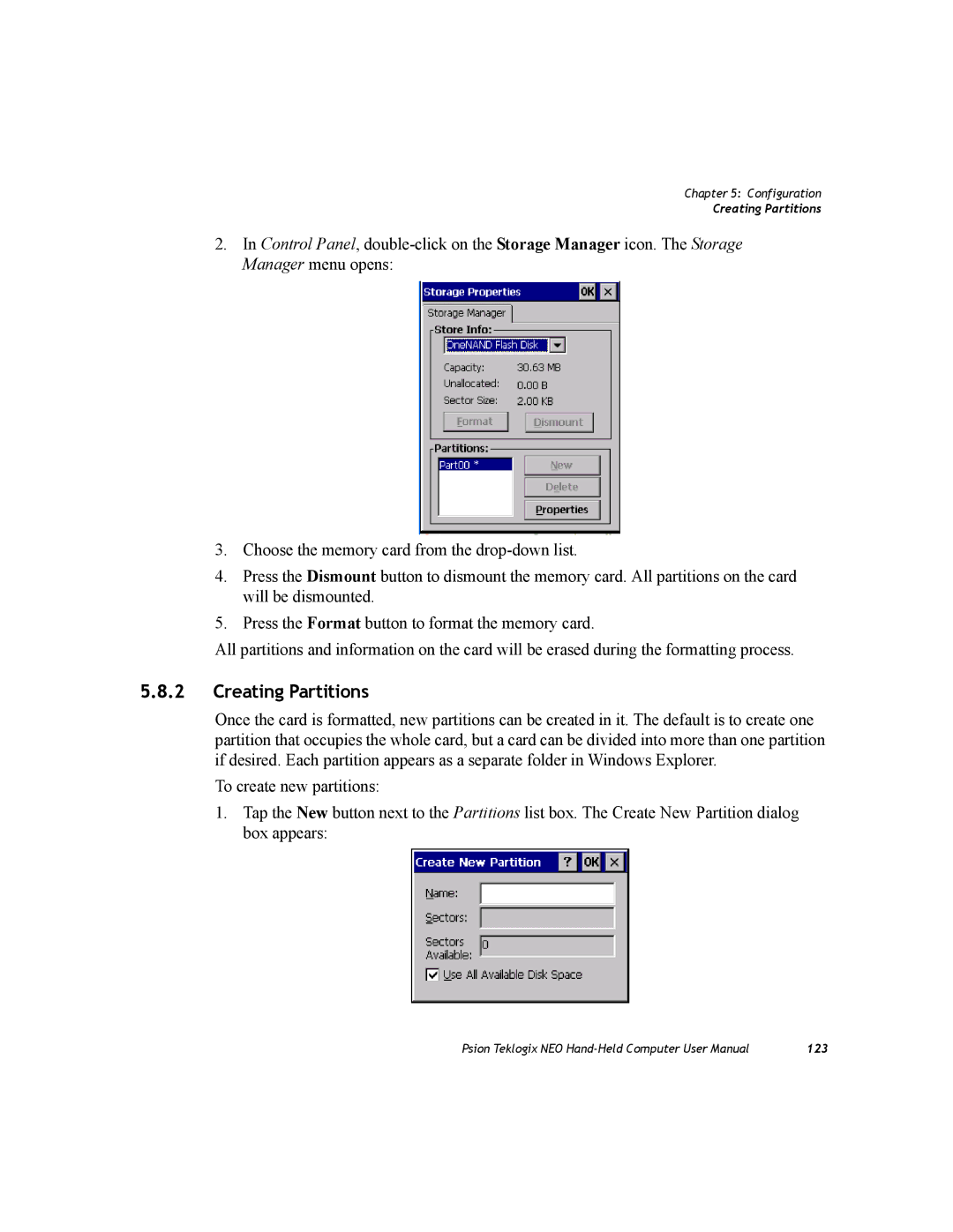 Psion Teklogix PX750 manual Creating Partitions 