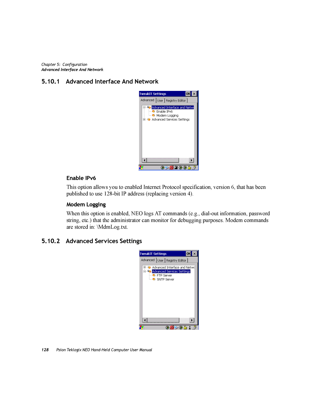 Psion Teklogix PX750 manual Advanced Interface And Network, Advanced Services Settings, Enable IPv6, Modem Logging 