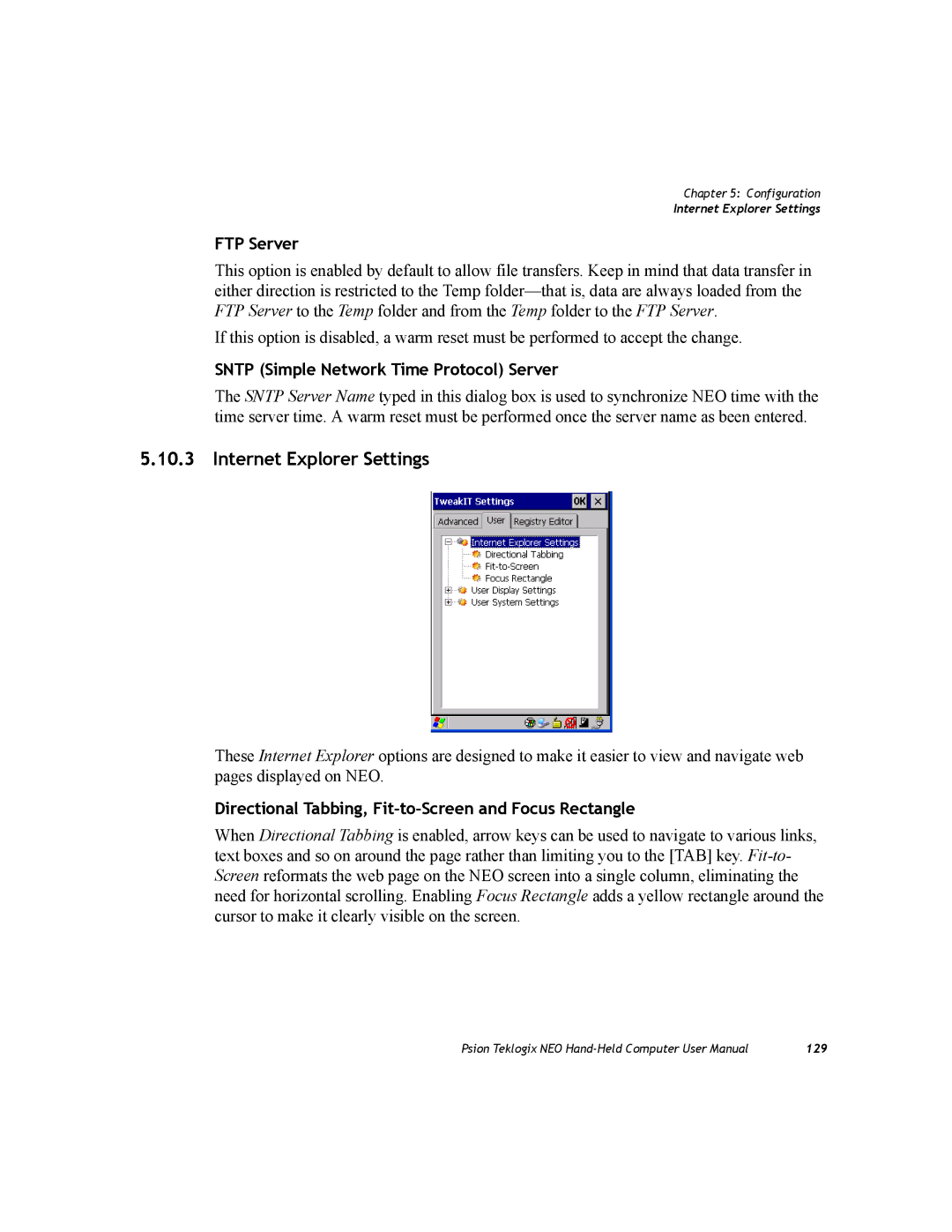 Psion Teklogix PX750 manual Internet Explorer Settings, FTP Server, Sntp Simple Network Time Protocol Server 