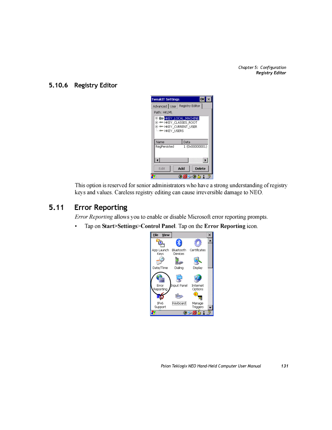 Psion Teklogix PX750 manual Error Reporting, Registry Editor 