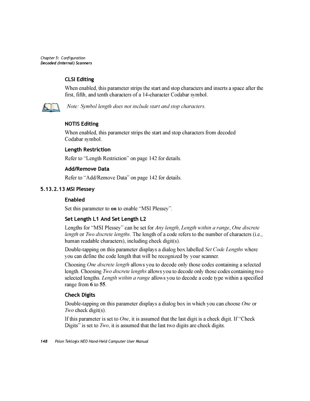 Psion Teklogix PX750 manual Clsi Editing, Notis Editing, MSI Plessey Enabled, Check Digits 