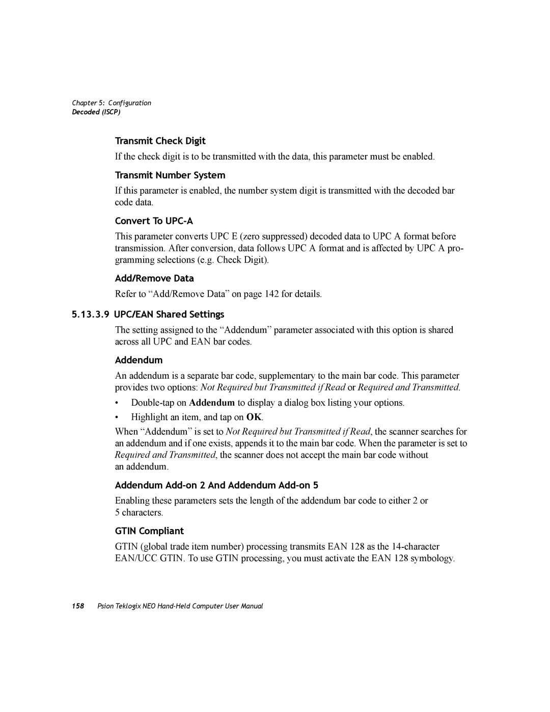 Psion Teklogix PX750 manual Convert To UPC-A, 13.3.9 UPC/EAN Shared Settings, Addendum Add-on 2 And Addendum Add-on 