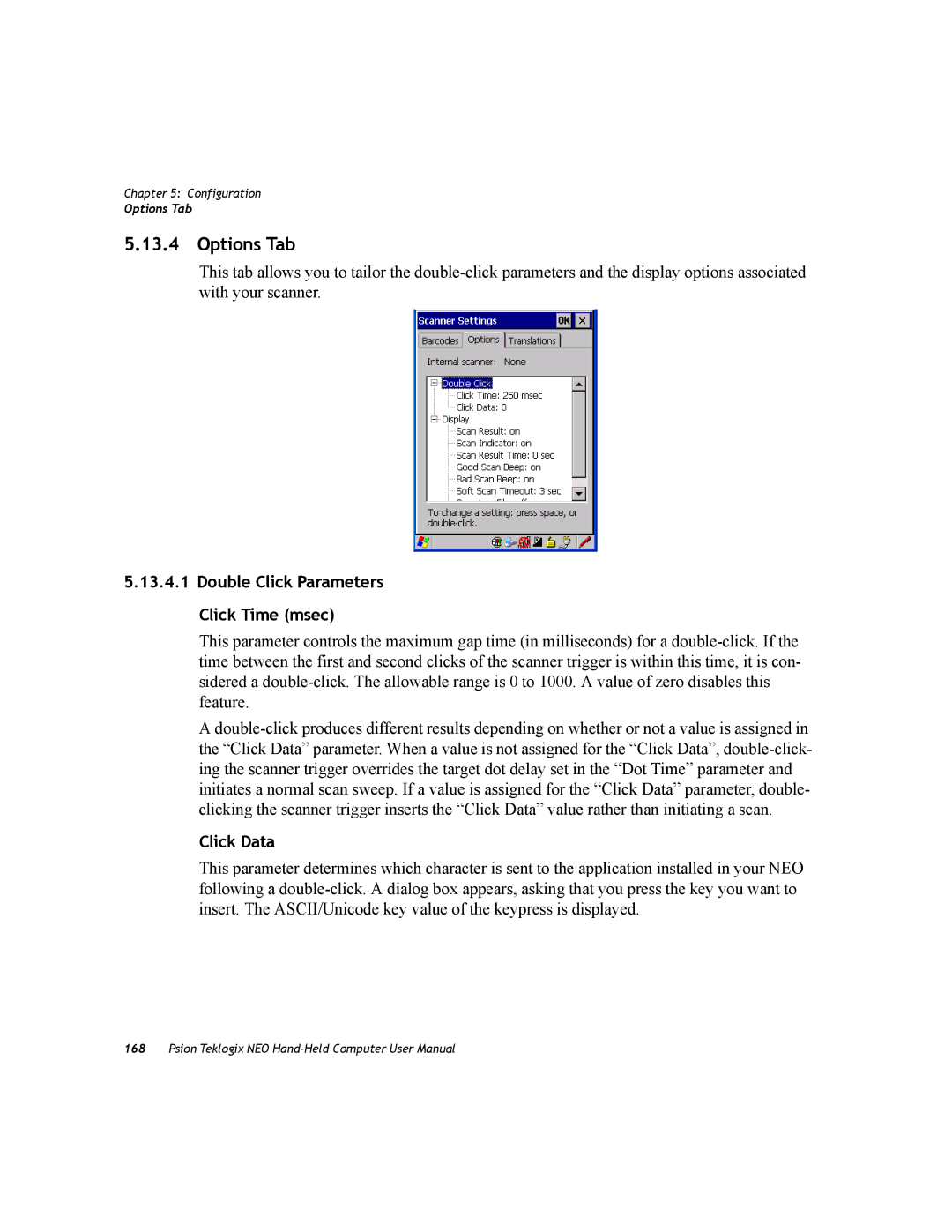 Psion Teklogix PX750 manual Options Tab, Double Click Parameters Click Time msec, Click Data 