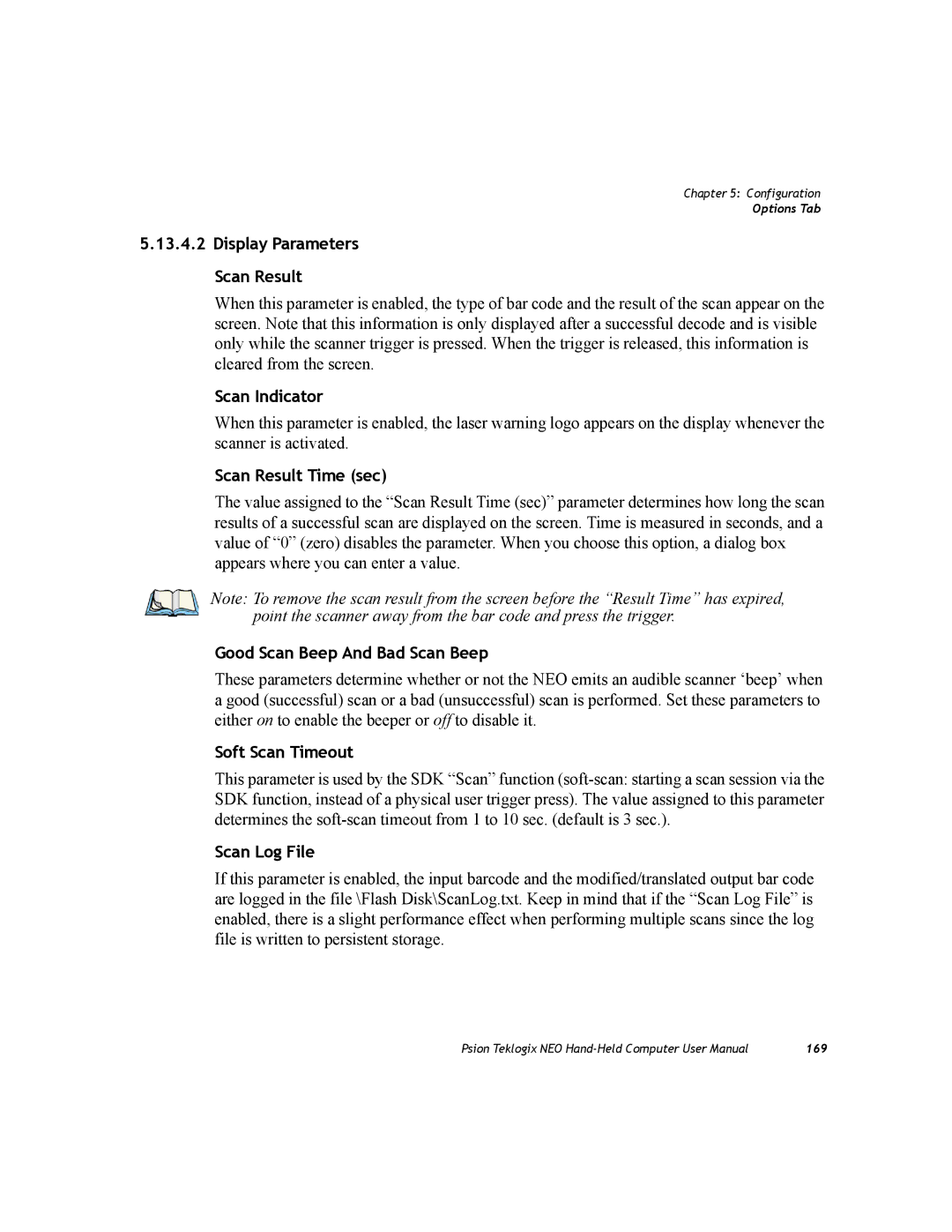 Psion Teklogix PX750 manual Display Parameters Scan Result, Scan Indicator, Scan Result Time sec, Soft Scan Timeout 