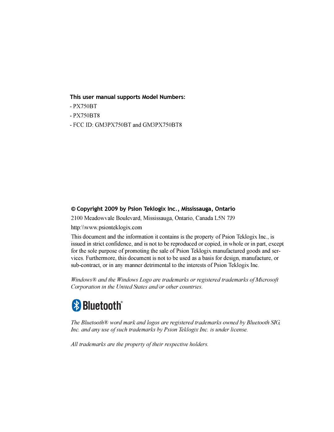 Psion Teklogix PX750 manual Copyright 2009 by Psion Teklogix Inc., Mississauga, Ontario 