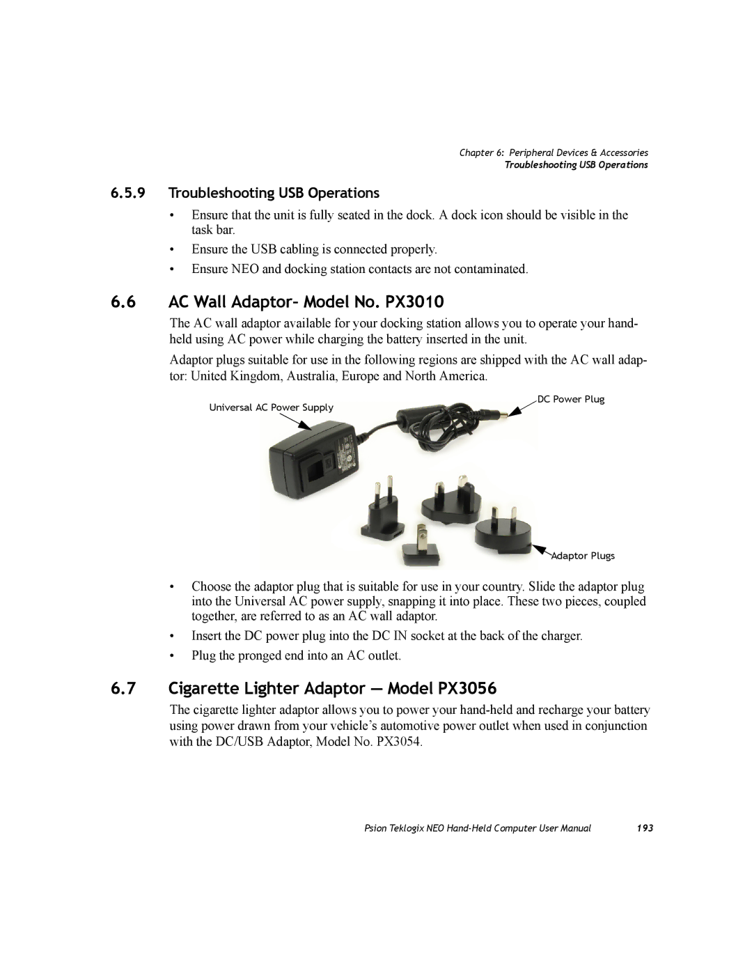 Psion Teklogix PX750 manual AC Wall Adaptor- Model No. PX3010, Cigarette Lighter Adaptor Model PX3056 