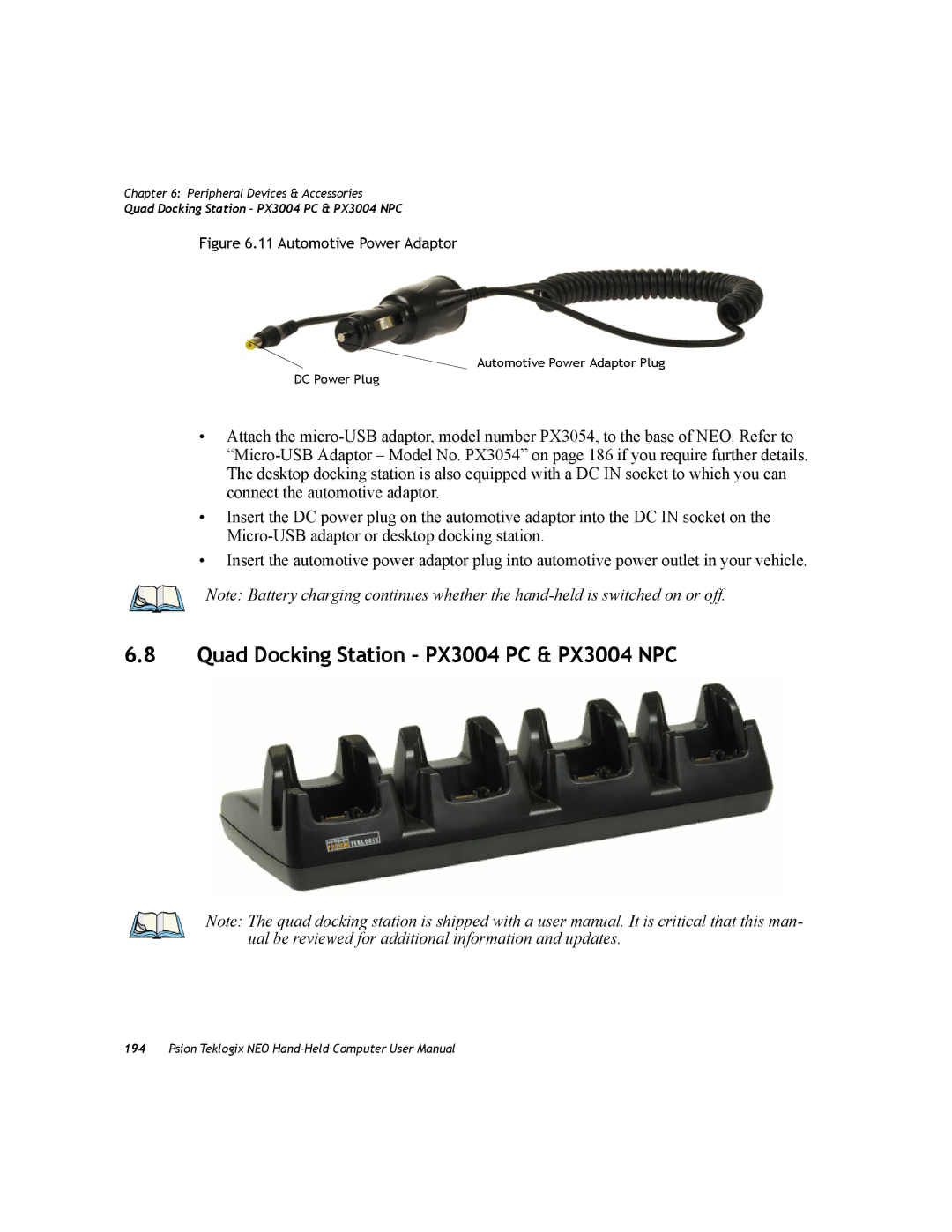 Psion Teklogix PX750 manual Quad Docking Station PX3004 PC & PX3004 NPC, Automotive Power Adaptor 