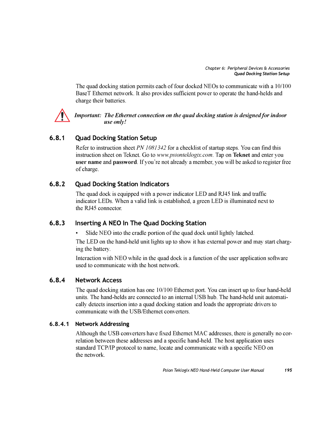 Psion Teklogix PX750 manual Quad Docking Station Setup Quad Docking Station Indicators, Network Access 