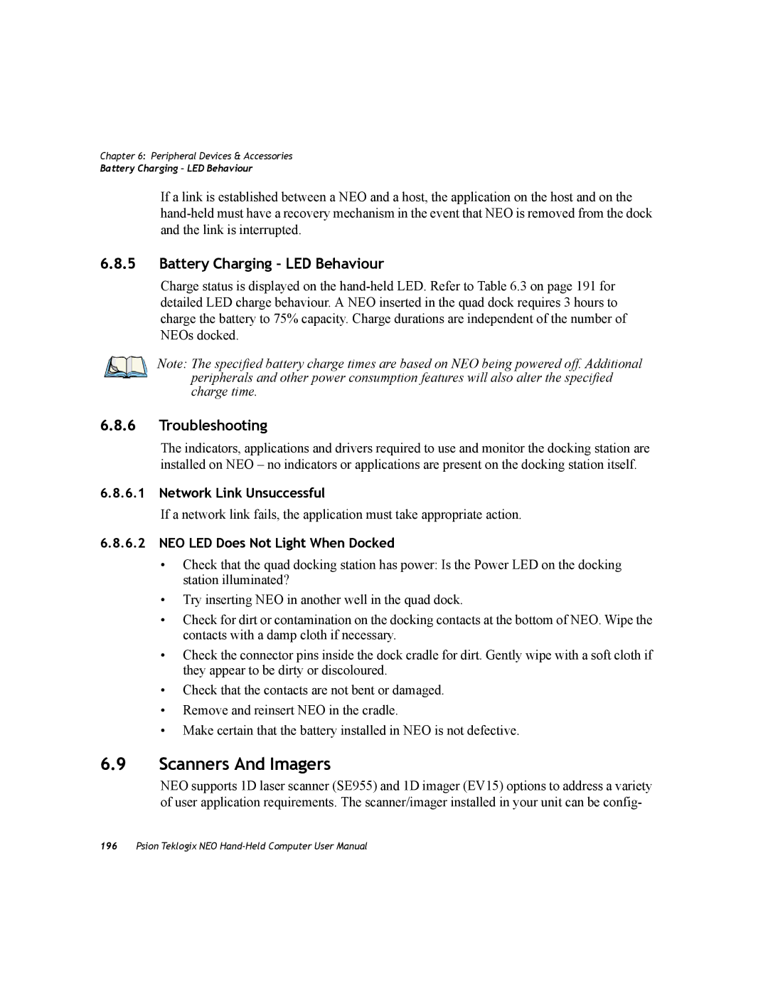 Psion Teklogix PX750 Scanners And Imagers, Battery Charging LED Behaviour, Troubleshooting, Network Link Unsuccessful 