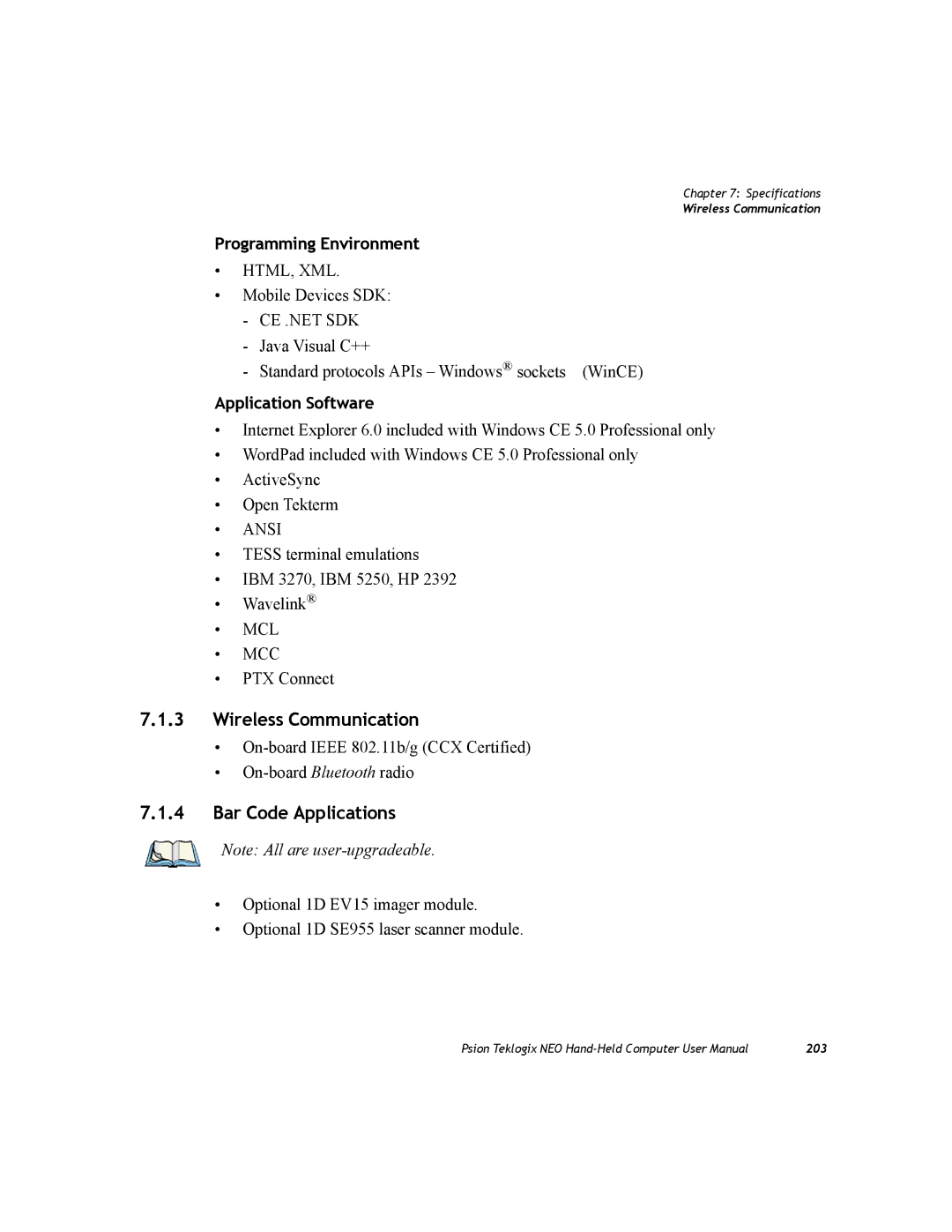 Psion Teklogix PX750 manual Wireless Communication, Bar Code Applications 