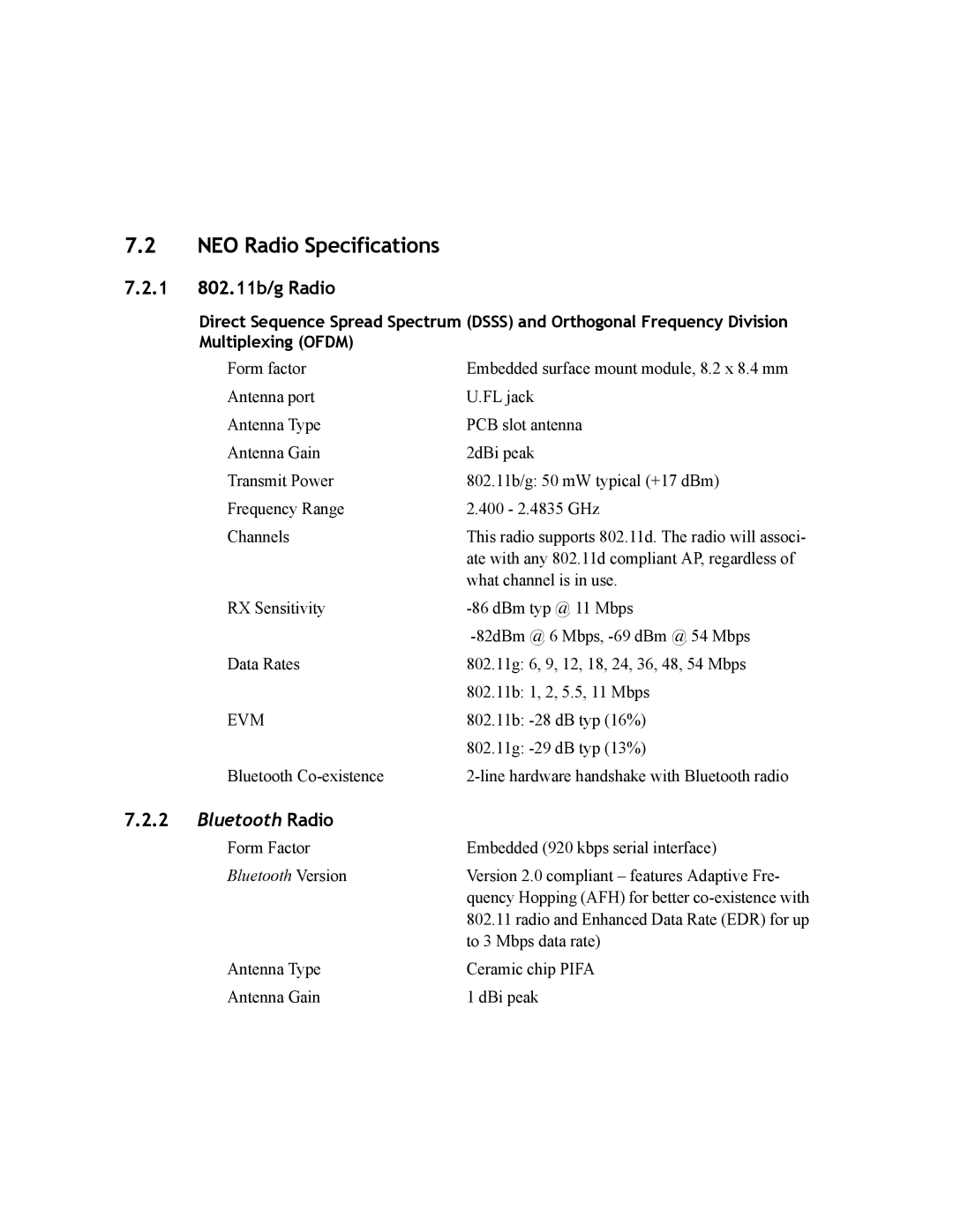 Psion Teklogix PX750 manual NEO Radio Specifications, 1 802.11b/g Radio 