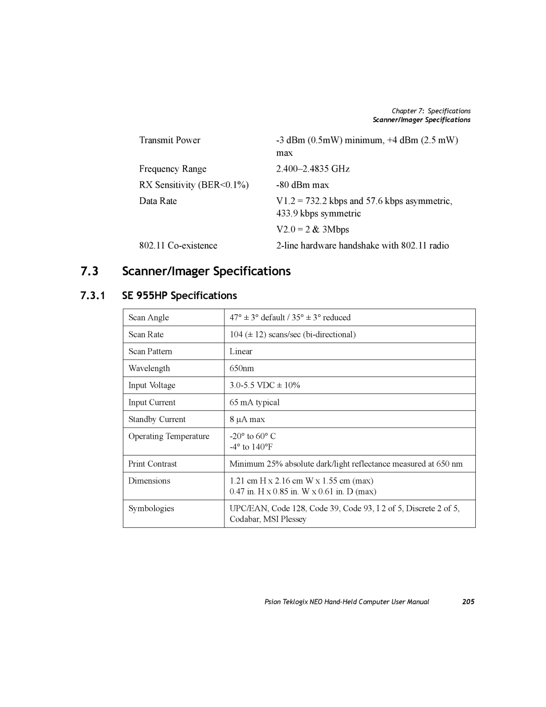 Psion Teklogix PX750 manual Scanner/Imager Specifications, 1 SE 955HP Specifications 