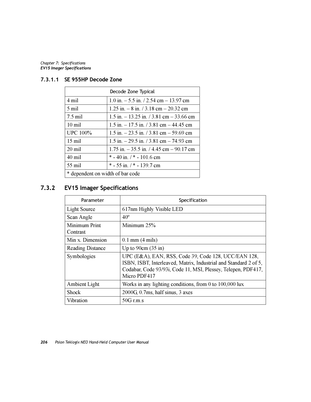 Psion Teklogix PX750 manual 2 EV15 Imager Specifications, 1.1 SE 955HP Decode Zone 