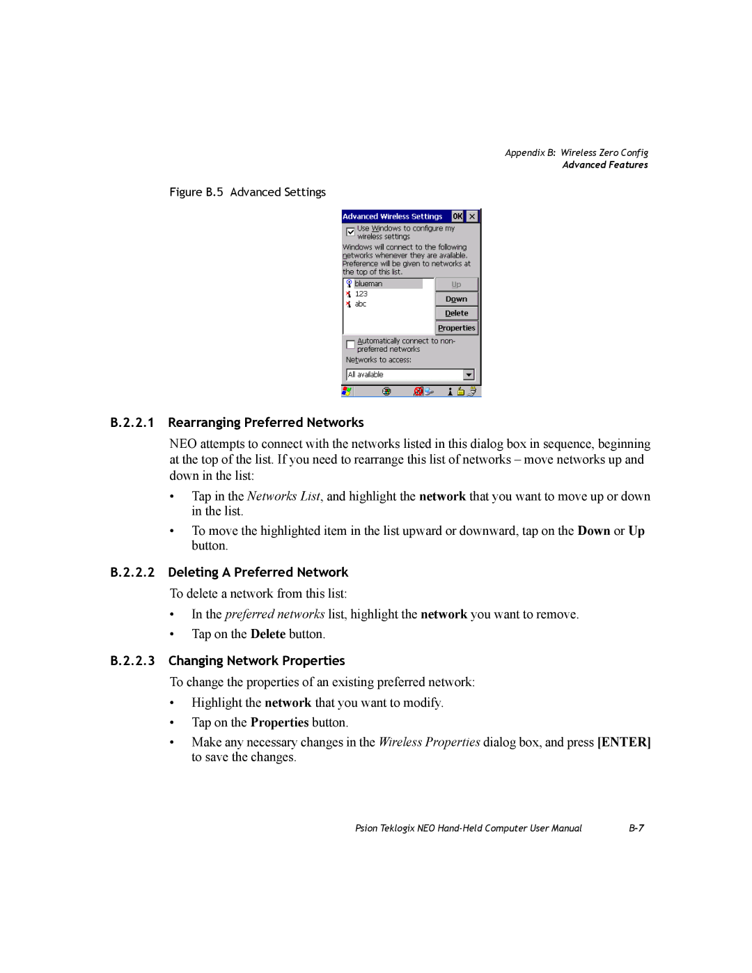 Psion Teklogix PX750 manual Rearranging Preferred Networks, Deleting a Preferred Network, Changing Network Properties 