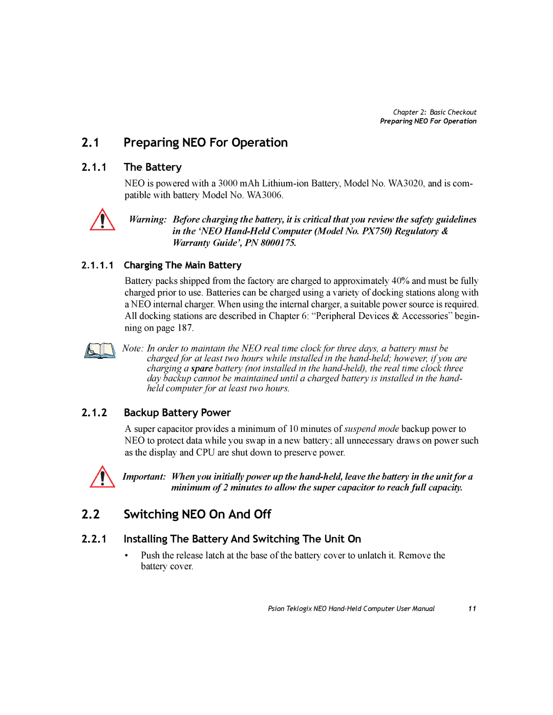 Psion Teklogix PX750 manual Preparing NEO For Operation, Switching NEO On And Off, Backup Battery Power 