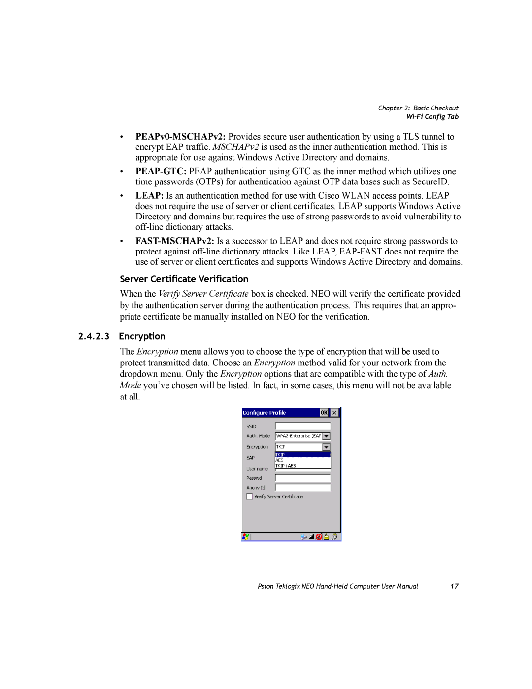 Psion Teklogix PX750 manual Server Certificate Verification, Encryption 