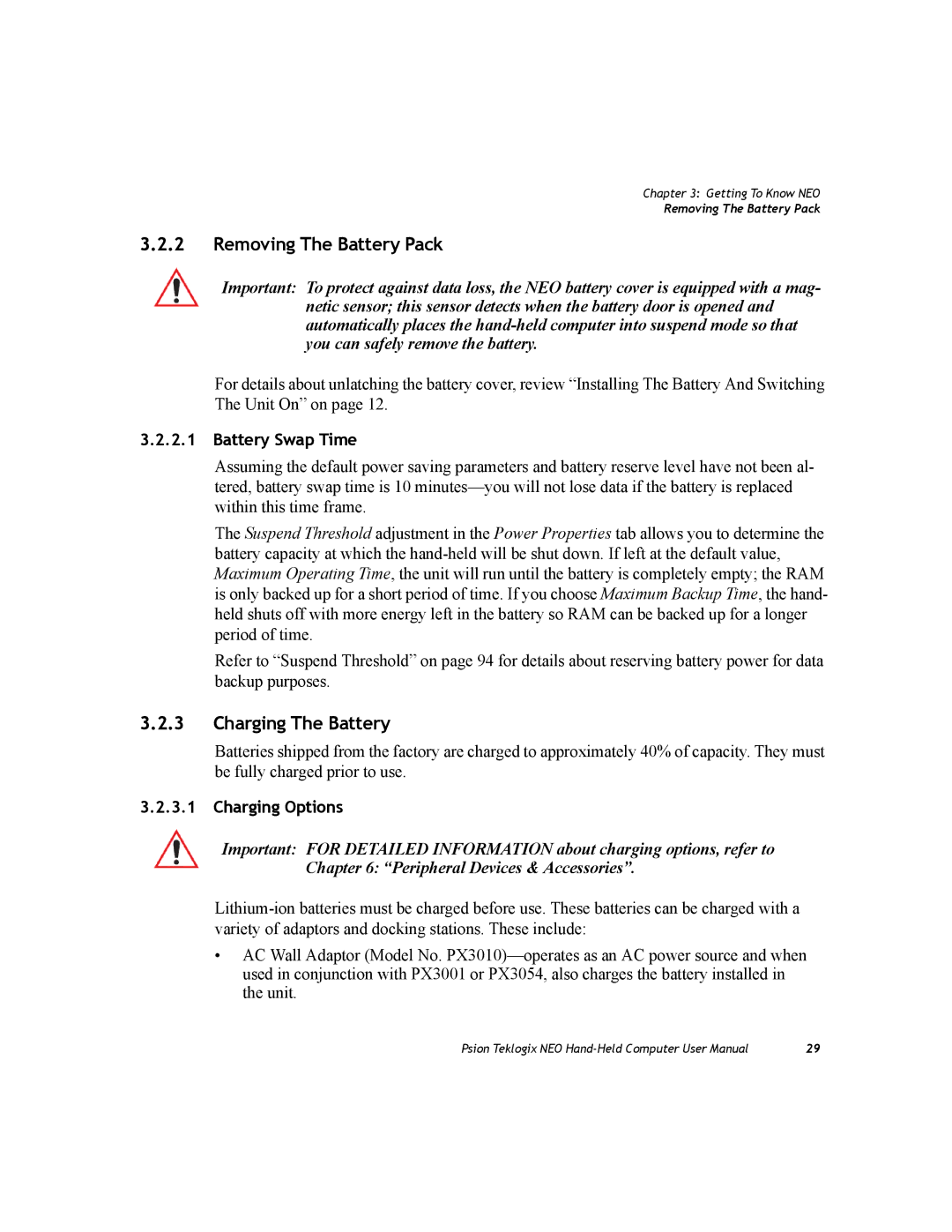 Psion Teklogix PX750 manual Removing The Battery Pack, Charging The Battery, Battery Swap Time, Charging Options 