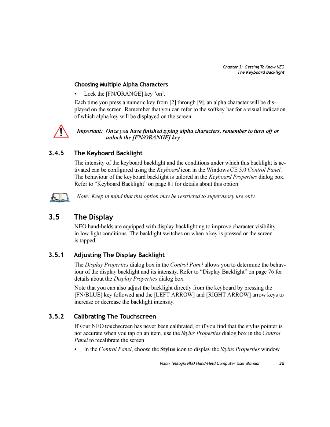 Psion Teklogix PX750 manual Keyboard Backlight, Adjusting The Display Backlight, Calibrating The Touchscreen 