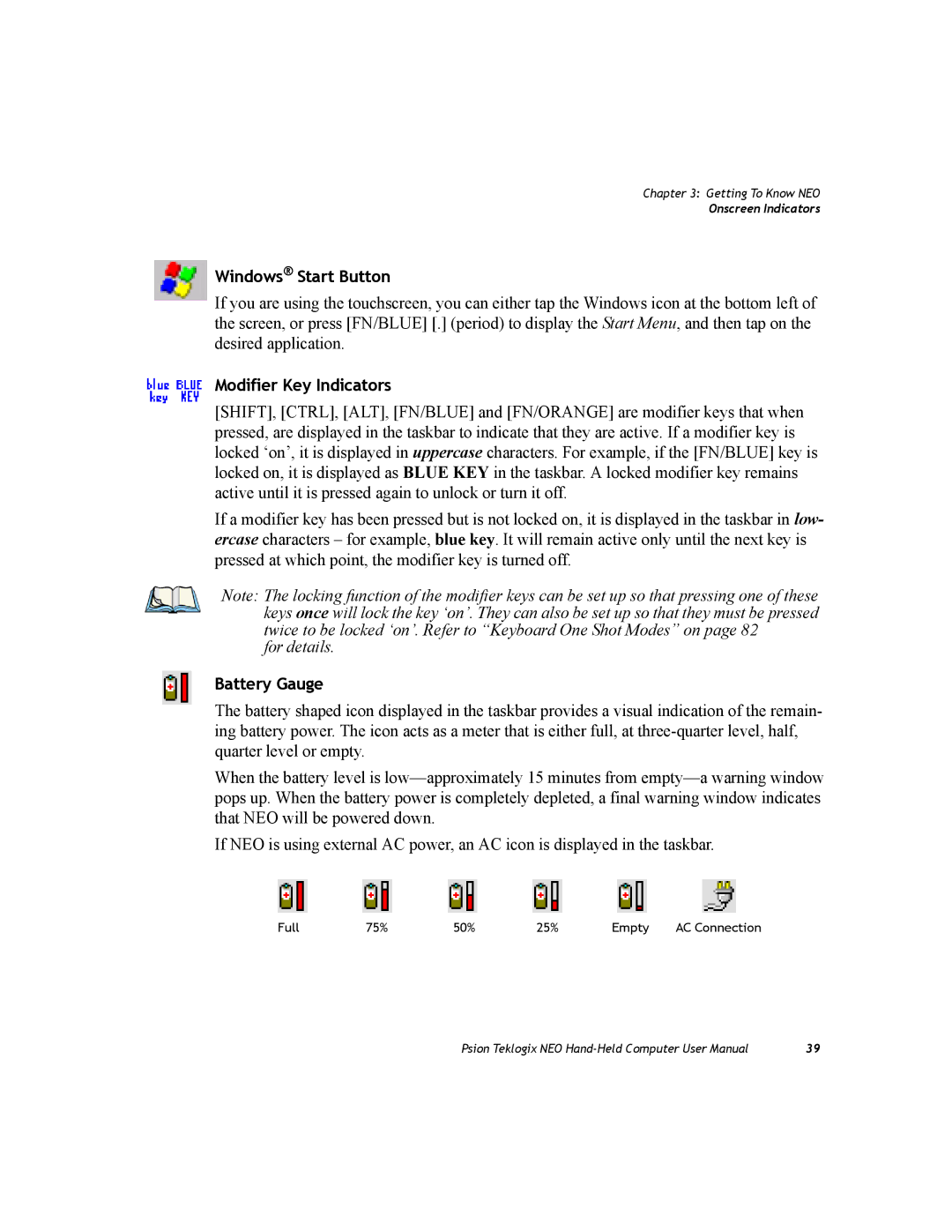 Psion Teklogix PX750 manual Windows Start Button, Modifier Key Indicators, Battery Gauge 