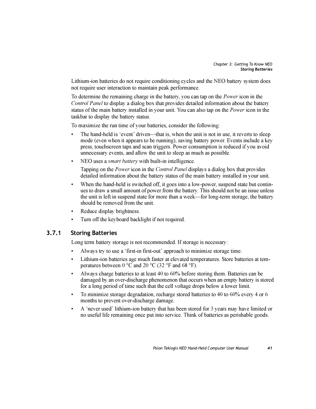 Psion Teklogix PX750 manual Storing Batteries 