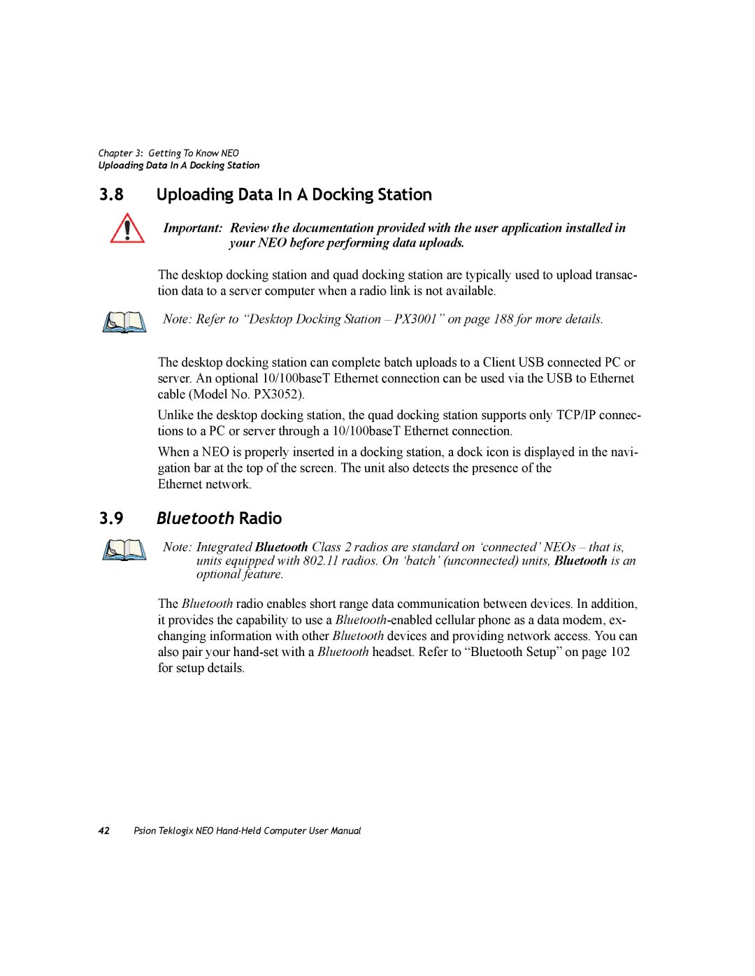 Psion Teklogix PX750 manual Uploading Data In a Docking Station, Bluetooth Radio 