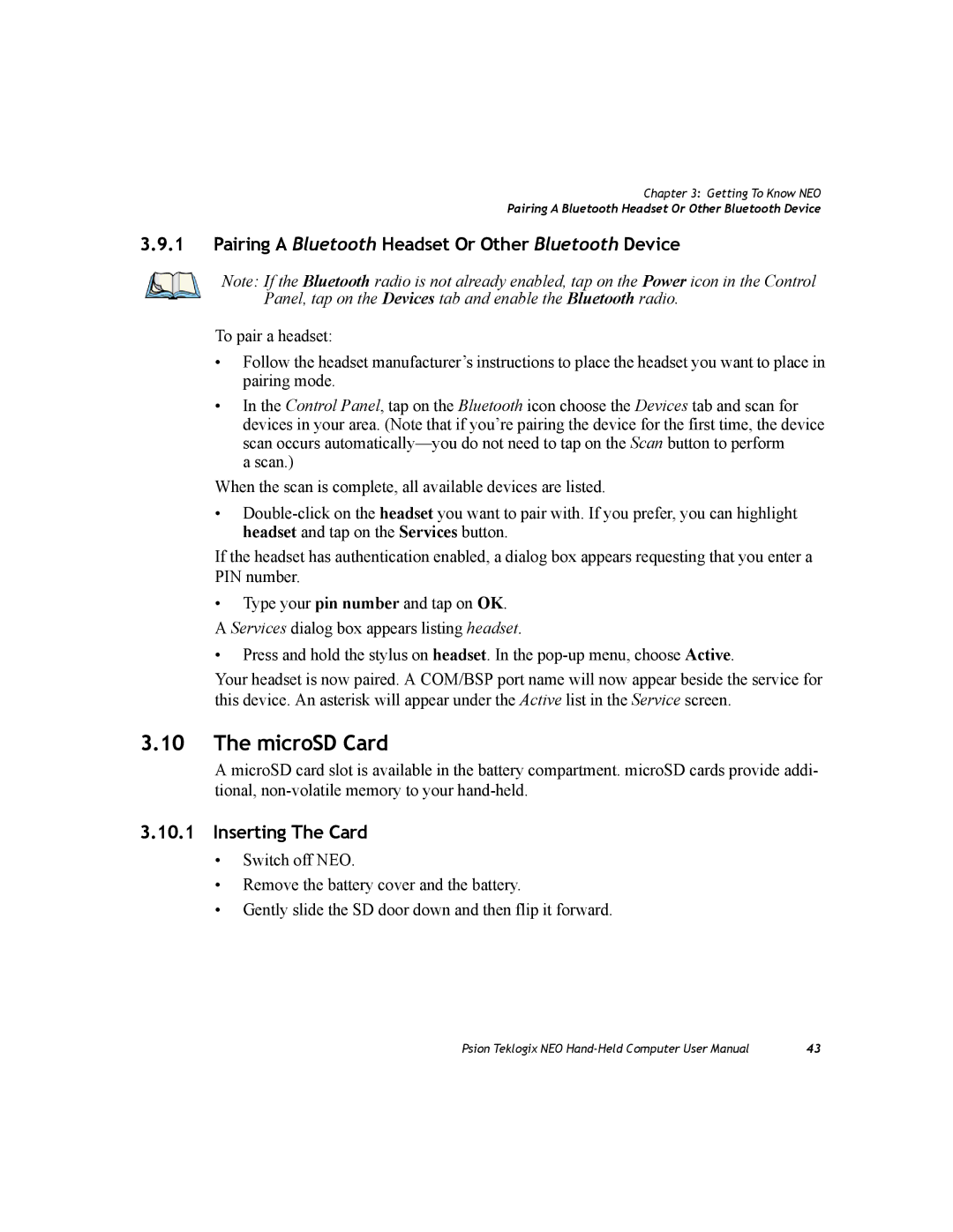 Psion Teklogix PX750 manual MicroSD Card, Pairing a Bluetooth Headset Or Other Bluetooth Device, Inserting The Card 